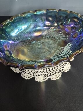Iridescent Blue Green Carnival Glass Footed Bowl